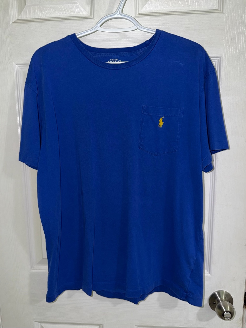 Polo Ralph Lauren Blue Yellow Logo 100% Cotton Short Sleeve T Shirt - Size Large